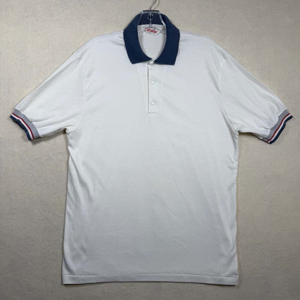 Vintage Catalina Mens XL White Polo Shirt Navy Collar Red-Striped Cuffs